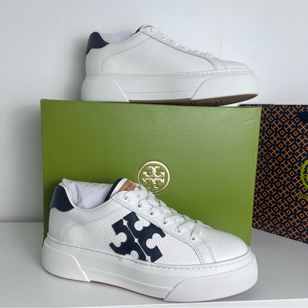 Tory Burch White and Navy Leather Sneakers - Picture 4 of 16
